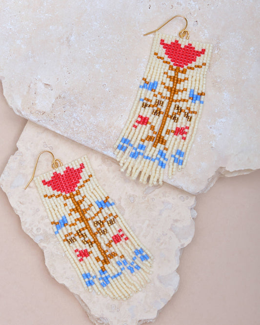 Beaded Handwoven Vintage Flower Fringe Earrings (Cream/Red)